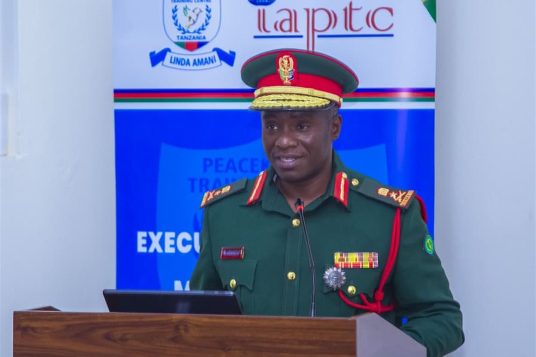 Officer addressing the hall at the Tanzania Peacekeeping Training Centre